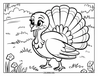 Coloriage de dindes pour enfants : Une dinde mignonne se tient dans un champ herbeux entouré de fleurs