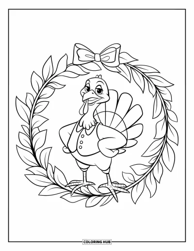 Coloriage de dindes pour enfants : Une dinde bien habillée pose au centre d'une couronne de feuilles suspendue