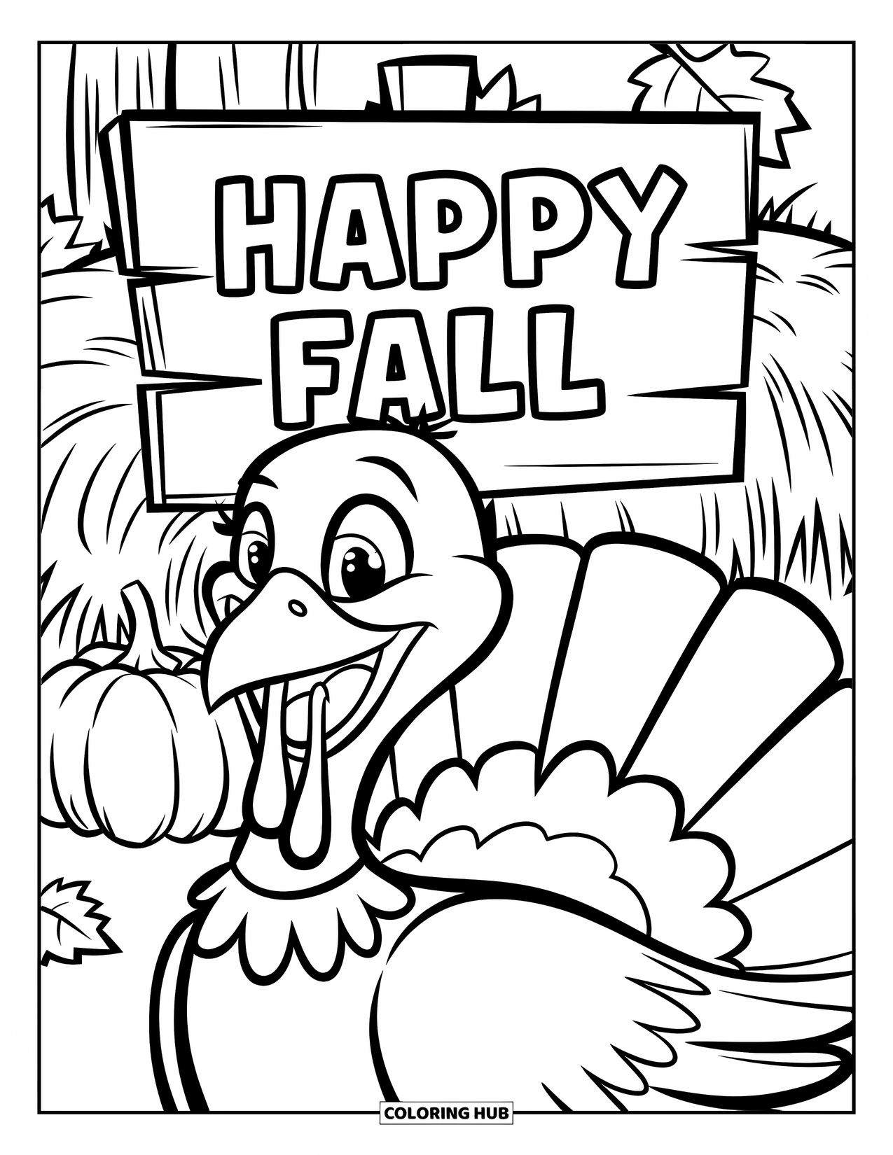 Turkey Coloring Page for Kids: A festive turkey with a collar stands near a sign, haystack, and pumpkin
