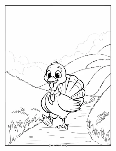 Coloriage de dindes pour enfants : Une dinde amicale avec une écharpe rouge marche sur un sentier de colline fleuri