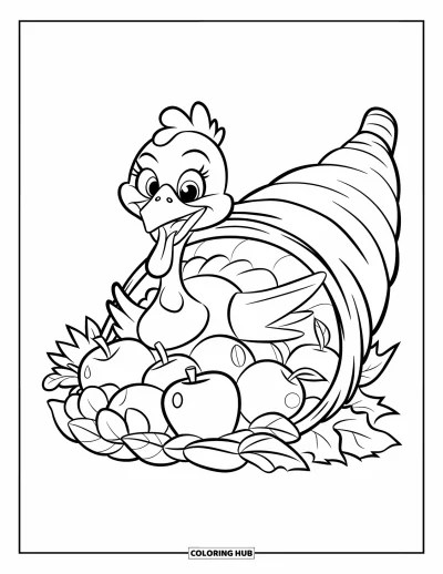 Coloriage de dindes pour enfants : Une dinde au grand sourire surgit d'une corne d'abondance qui déborde de fruits savoureux