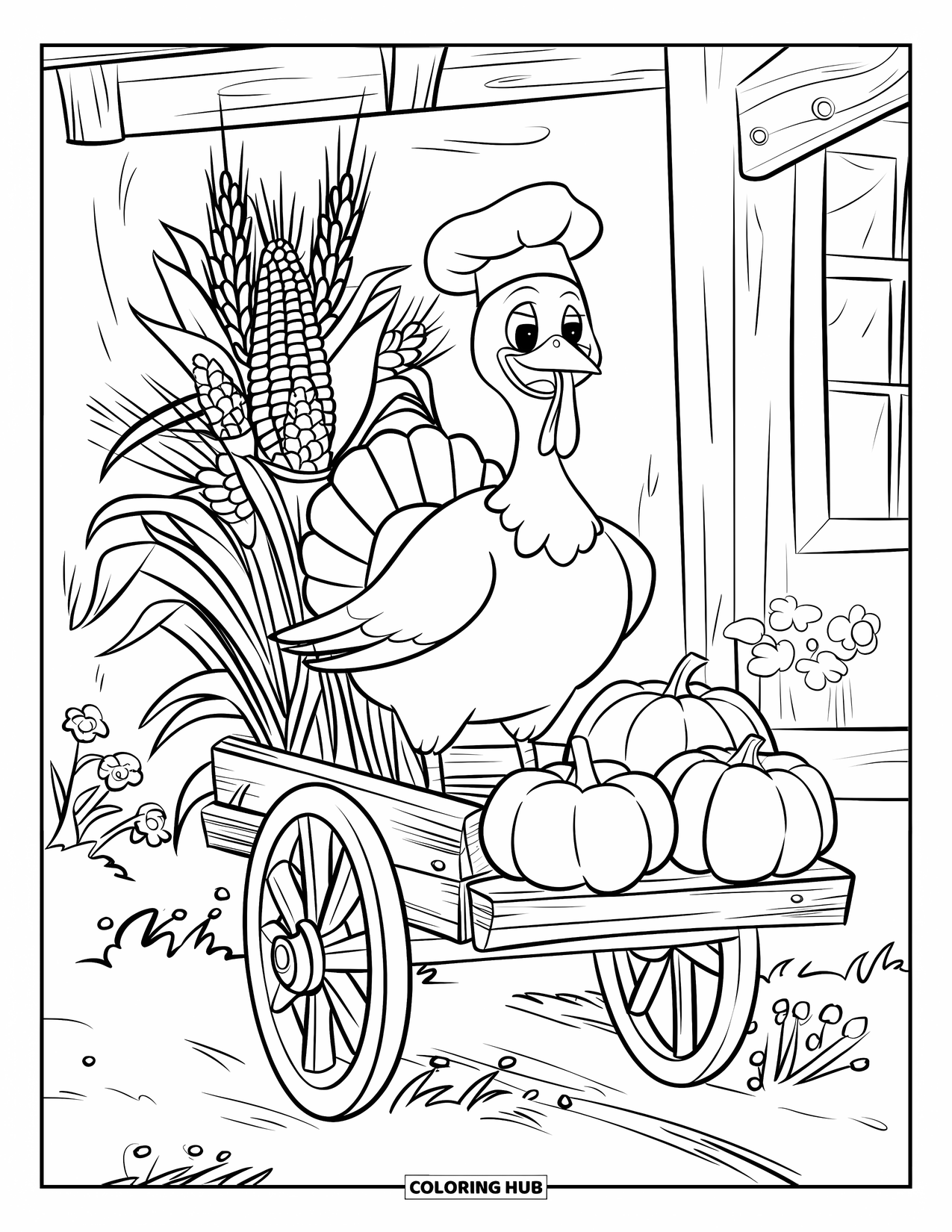 Turkey Coloring Page for Kids: A happy turkey in a chef hat stands on a cart surrounded by flowers