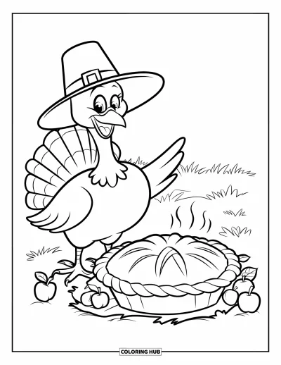 Coloriage de dindes pour enfants : Une dinde heureuse avec un chapeau de pèlerin se tient près d'une tarte fumante avec des pommes et des feuilles