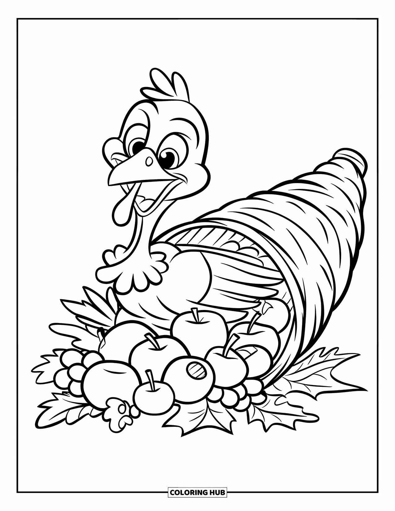 Turkey Coloring Page for Kids: A happy turkey smiles from inside a cornucopia filled with colorful harvest fruits