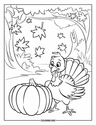 Coloriage de dindes pour enfants : Une dinde heureuse se tient près d'une grande citrouille sous une pluie de feuilles qui tombent