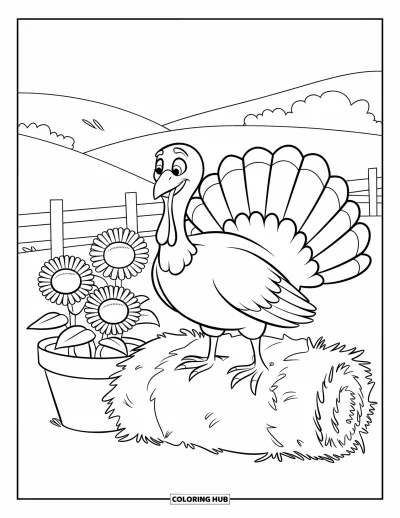 Coloriage de dindes pour enfants : Une dinde heureuse se tient sur une botte de foin à côté d'un pot de tournesols