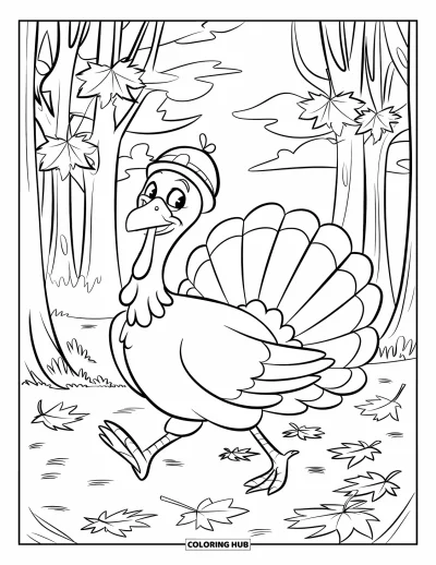 Coloriage de dindes pour enfants : Une dinde heureuse trottine dans une forêt avec des feuilles d'érable tourbillonnantes
