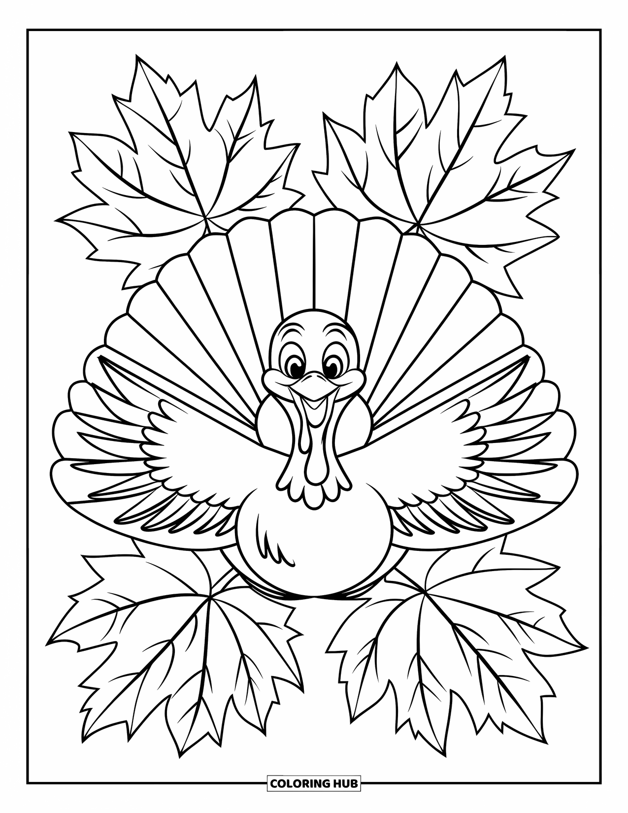 Turkey Coloring Page for Kids: A happy turkey with open wings is surrounded by three big maple leaves