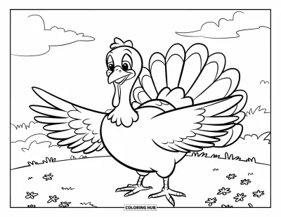 Coloriage de dindes pour enfants : Une dinde pleine de joie bat des ailes dans un champ herbeux avec des fleurs