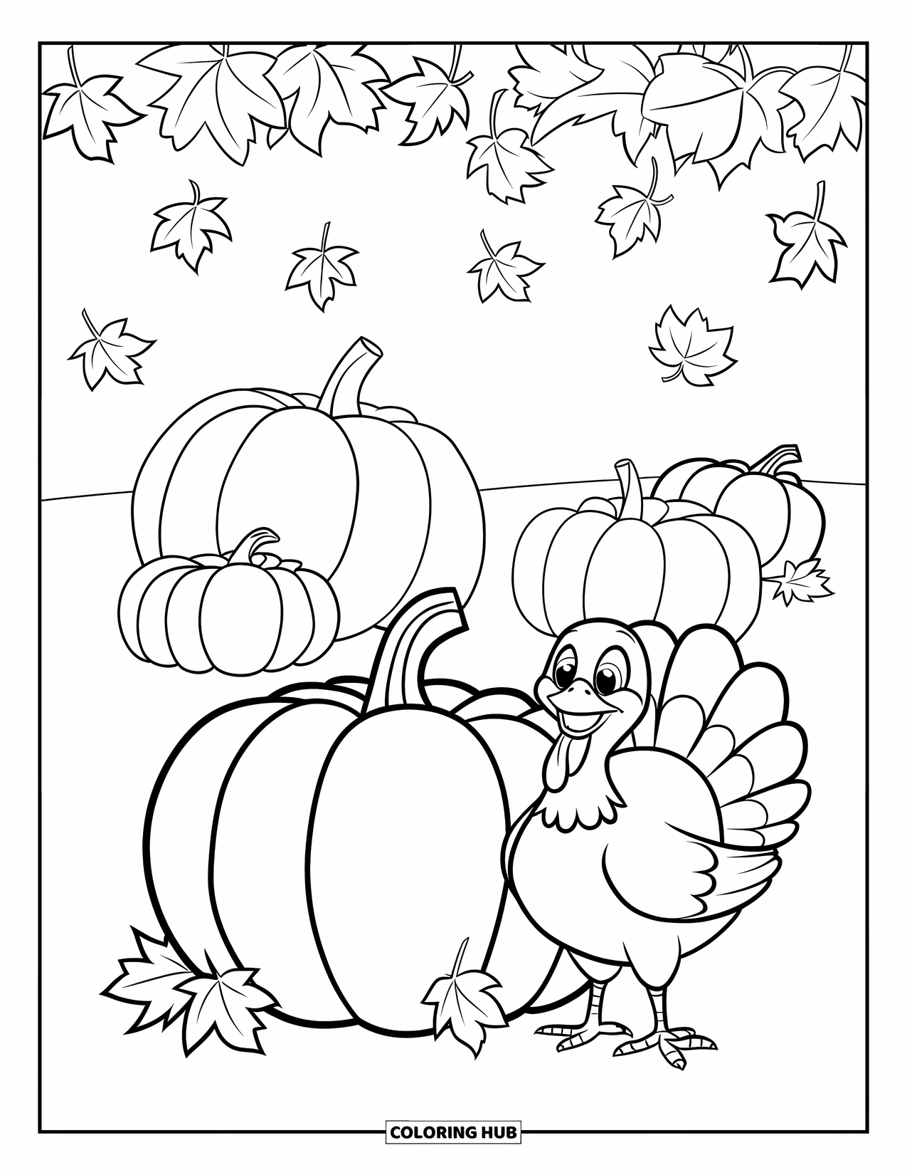 Turkey Coloring Page for Kids: A joyful turkey stands by a pumpkin in a patch with scattered fall leaves