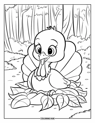 Coloriage de dindes pour enfants : Un dindonneau joueur se blottit dans un tas de feuilles sous de grands arbres de la forêt