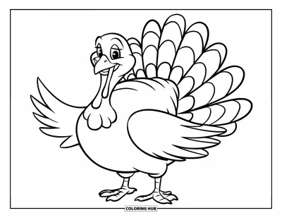 Coloriage de dindes pour enfants : Une dinde bien dodue bat des ailes avec des plumes au style cartoon