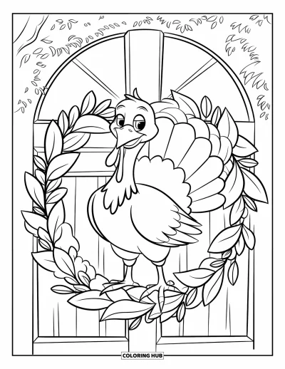 Coloriage de dindes pour enfants : Une dinde fière se tient dans une couronne de feuilles suspendue à une porte en bois