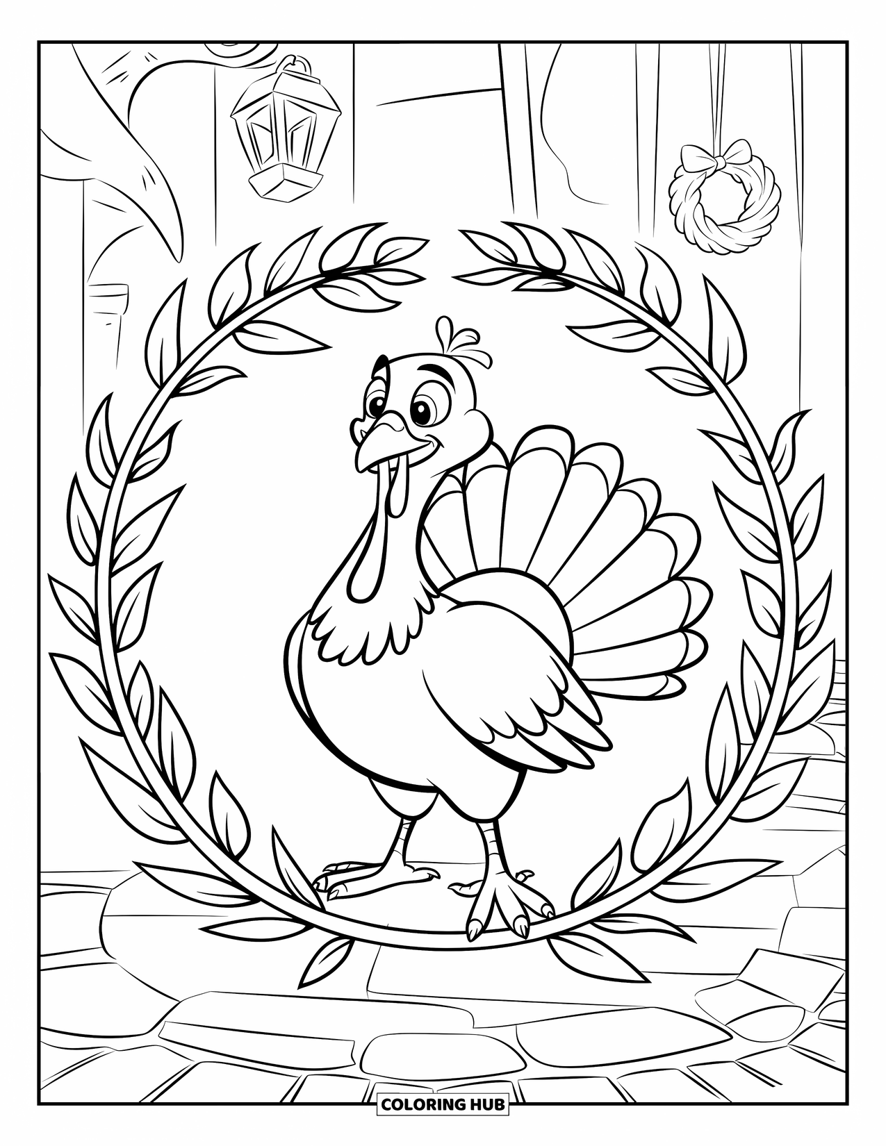 Turkey Coloring Page for Kids: A ribboned turkey stands inside a wreath with decorations nearby
