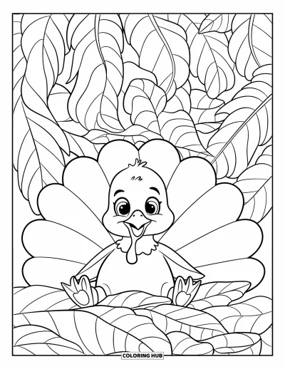 Coloriage de dindes pour enfants : Un dindonneau rond est assis parmi de grandes feuilles ondulées dans une forêt feuillue