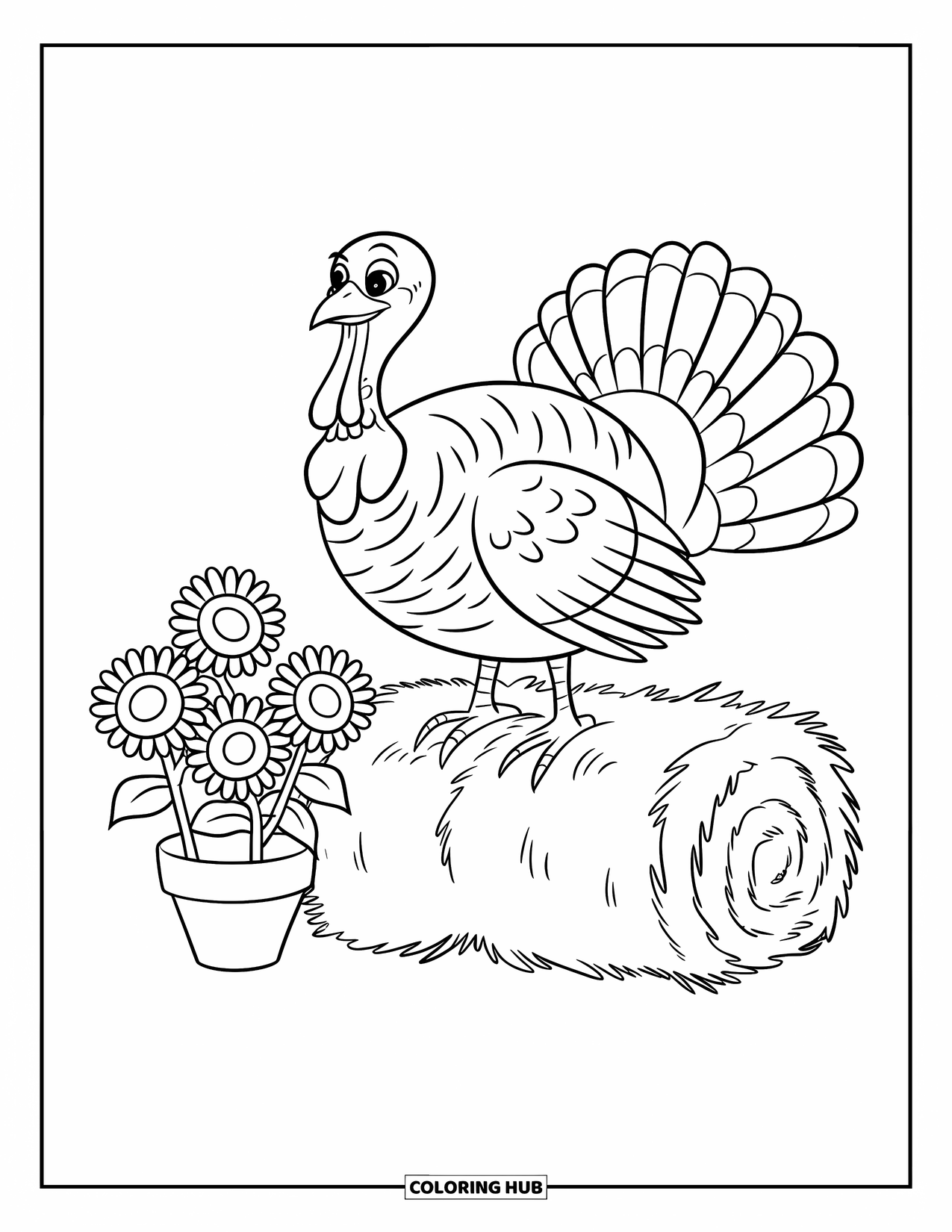 Turkey Coloring Page for Kids: A round turkey stands near a hay bale and sunflowers in a simple scene