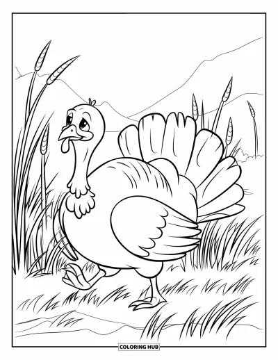 Coloriage de dindes pour enfants : Une dinde ronde marche dans de hautes herbes sous un ciel paisible