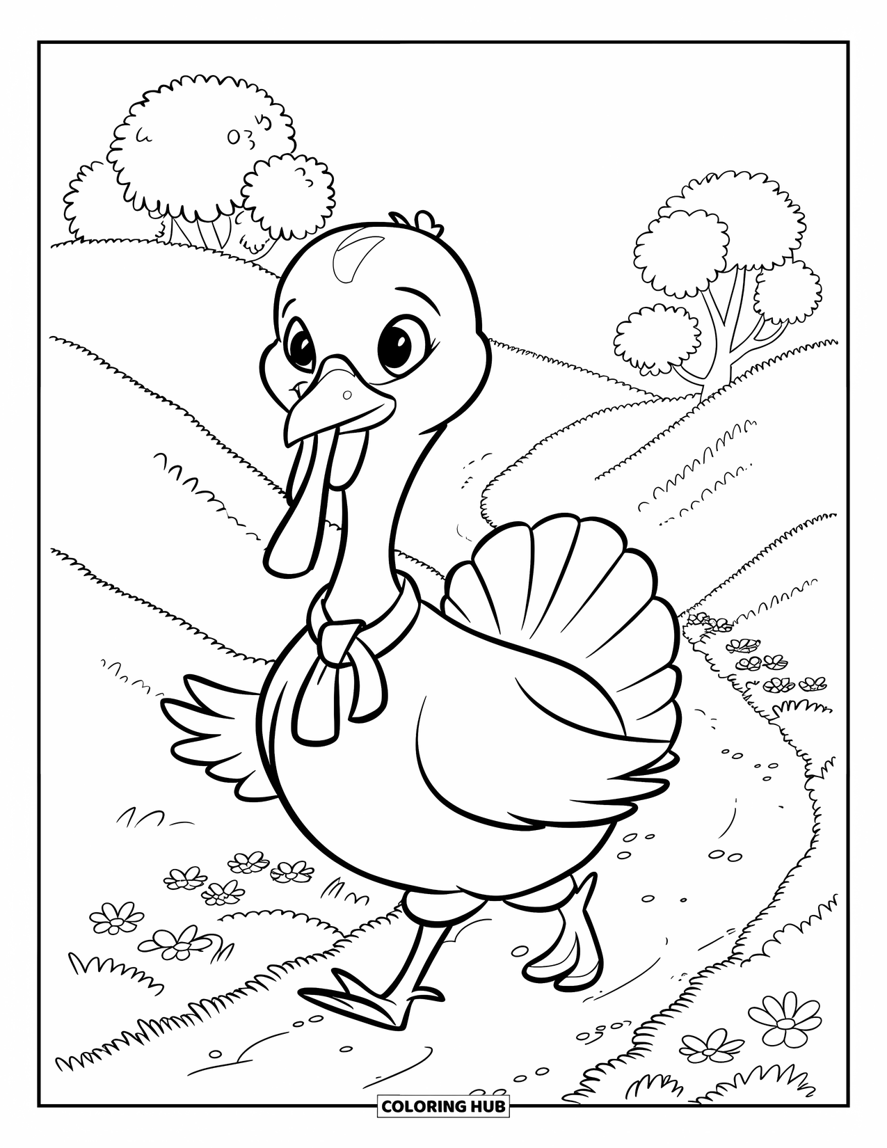 Turkey Coloring Page for Kids: A round turkey with a scarf walks a trail between hills and leafy trees