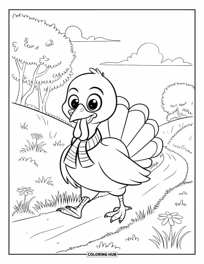 Coloriage de dindes pour enfants : Une dinde avec une écharpe marche sur un sentier paisible avec des fleurs et des collines herbeuses