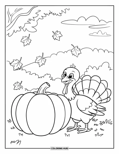 Coloriage de dindes pour enfants : Une dinde souriante et une citrouille reposent sur l'herbe sous des feuilles d'automne qui virevoltent