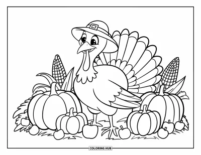 Coloriage de dindes pour enfants : Une dinde souriante avec un chapeau de fermier se tient parmi des citrouilles et des pommes