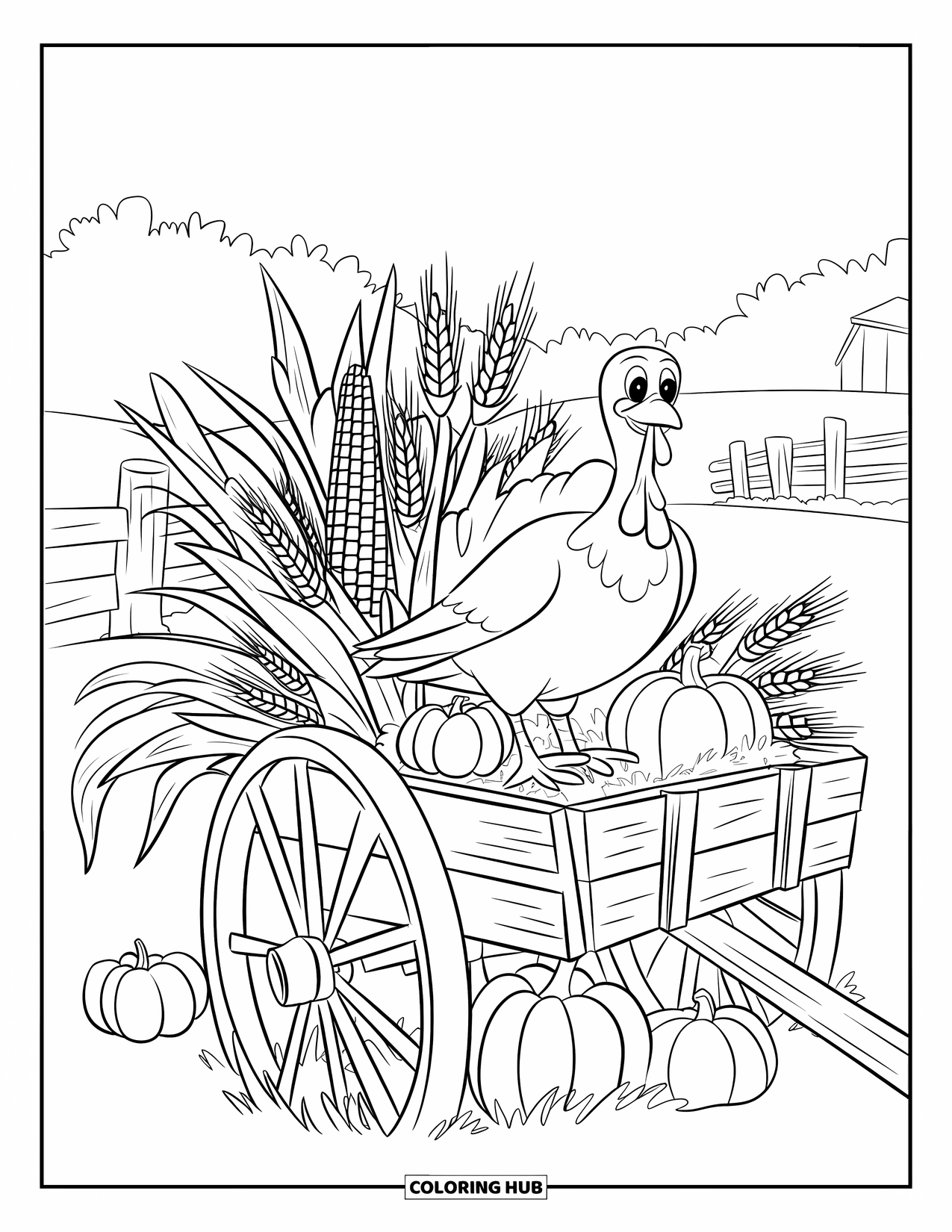 Turkey Coloring Page for Kids: A smiling turkey rides a harvest cart near a barn and fence