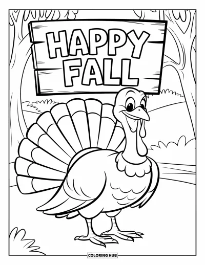 Coloriage de dindes pour enfants : Une dinde souriante se tient près d'un panneau d'automne avec des arbres et des collines en arrière-plan