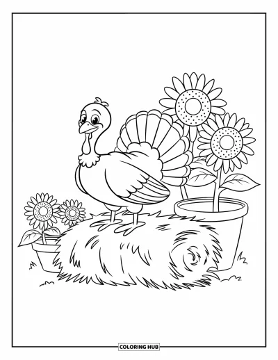 Coloriage de dindes pour enfants : Une dinde souriante se tient sur une botte de foin près de tournesols en fleurs