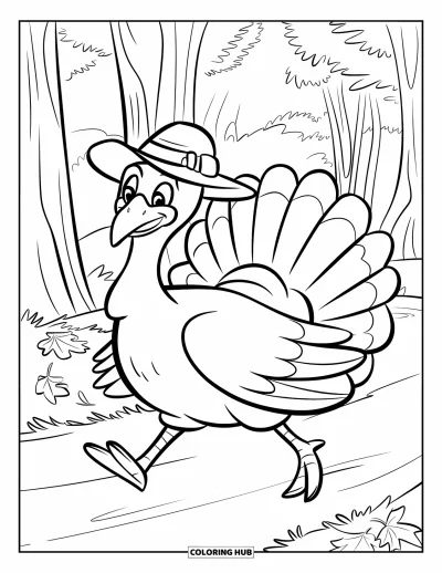 Coloriage de dindes pour enfants : Une dinde souriante marche sur un chemin forestier couvert de feuilles en automne