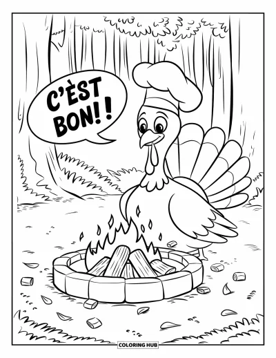 Coloriage de dindes pour enfants : Une dinde près du feu sourit avec des guimauves et des feuilles tout autour