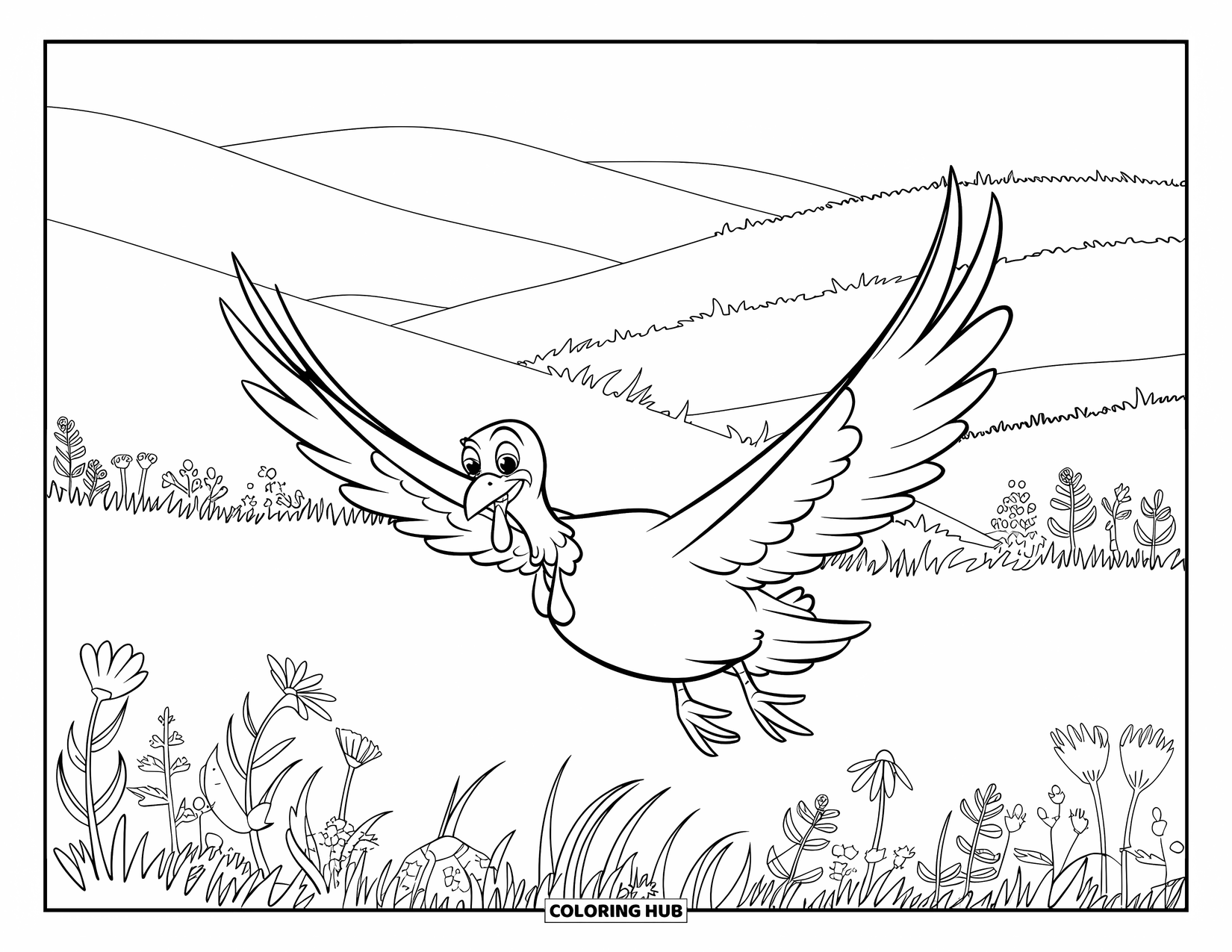 Turkey Coloring Page for Kids: A turkey glides above grassy hills and a meadow full of wildflowers
