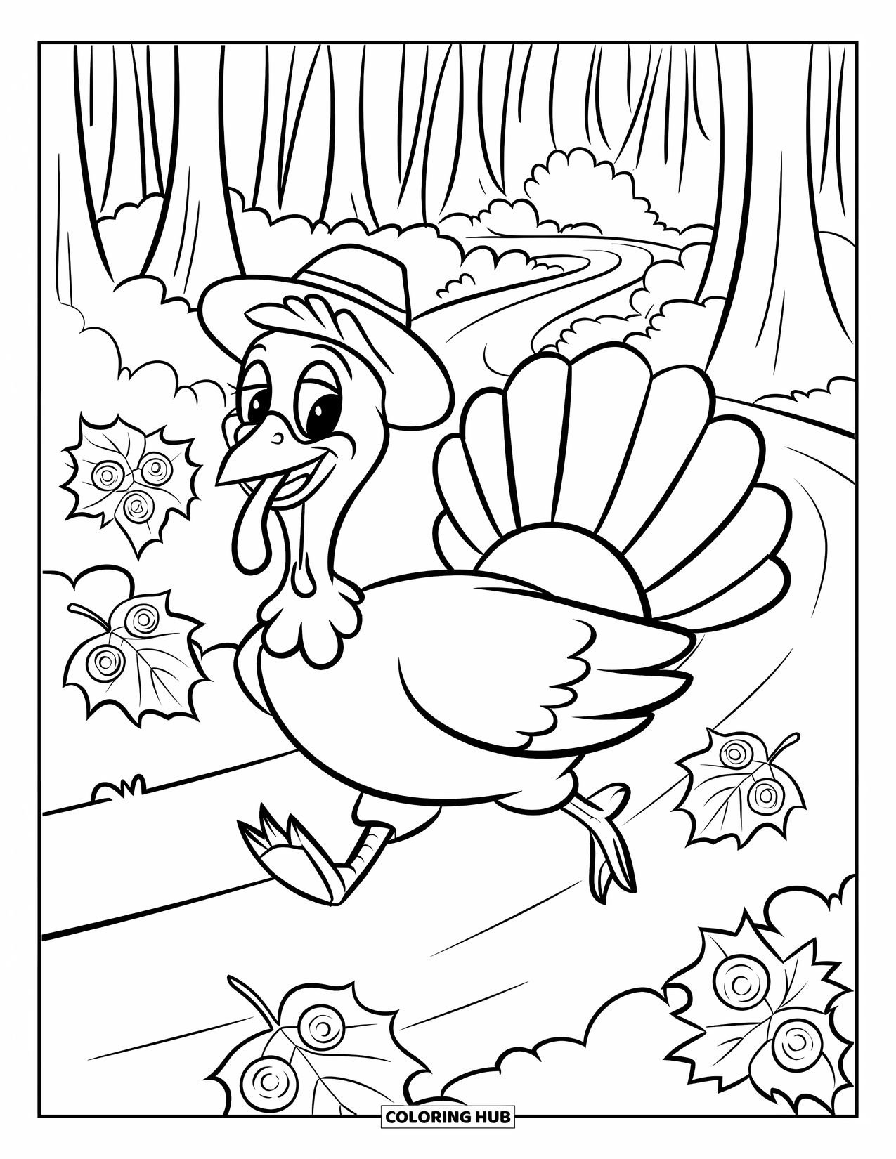 Turkey Coloring Page for Kids: A turkey happily trots through a forest filled with swirling maple leaves
