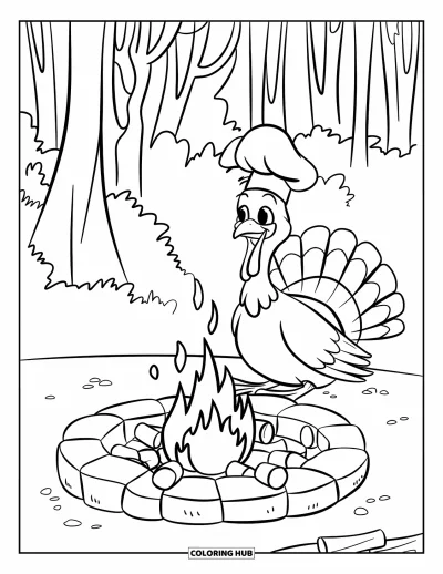 Coloriage de dindes pour enfants : Une dinde avec une toque de chef est assise près d'un foyer avec des guimauves