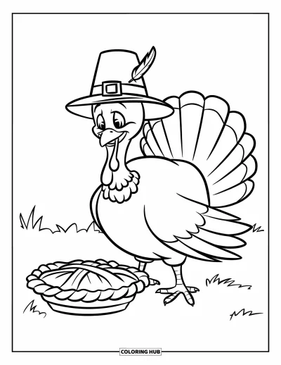 Coloriage de dindes pour enfants : Une dinde avec un chapeau à plumes sourit à côté d'une tarte aux pommes sur un plateau en bois