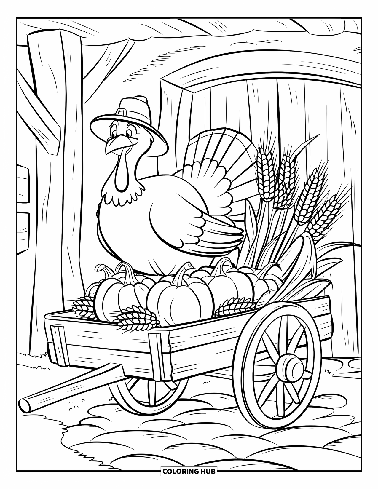 Turkey Coloring Page for Kids: A turkey in a hat stands on a cart loaded with fall crops
