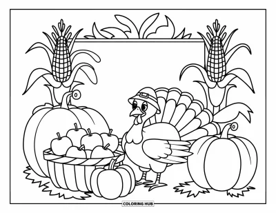 Coloriage de dindes pour enfants : Une dinde avec un petit chapeau se tient près de paniers de pommes et de citrouilles