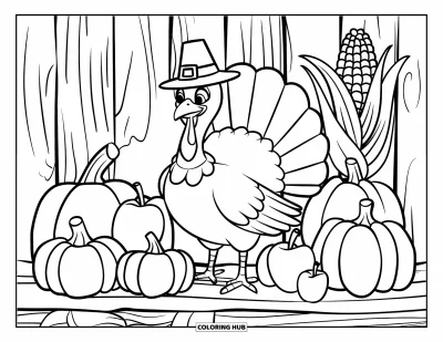 Coloriage de dindes pour enfants : Une dinde avec un chapeau de pèlerin se tient avec des récoltes d'automne sur une planche en bois