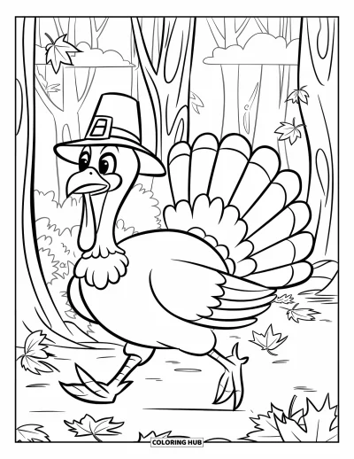 Coloriage de dindes pour enfants : Une dinde avec un chapeau de pèlerin trottine en forêt avec de petites bêtes et des feuilles qui tombent