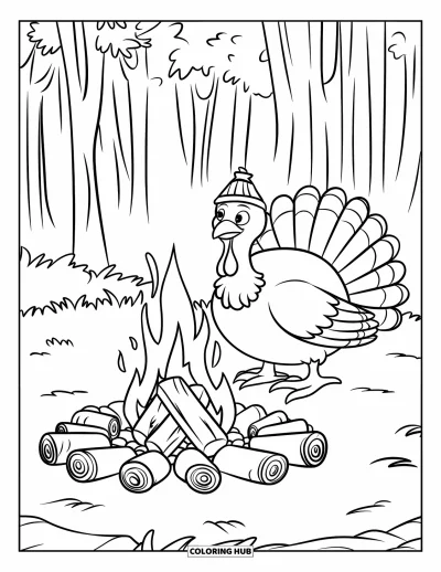 Coloriage de dindes pour enfants : Une dinde avec un chapeau rayé se détend près d'un feu avec des guimauves grillées