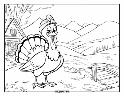 Coloriage de dindes pour enfants : Une dinde avec un turban se tient près d'un chalet, avec des collines et un pont en bois