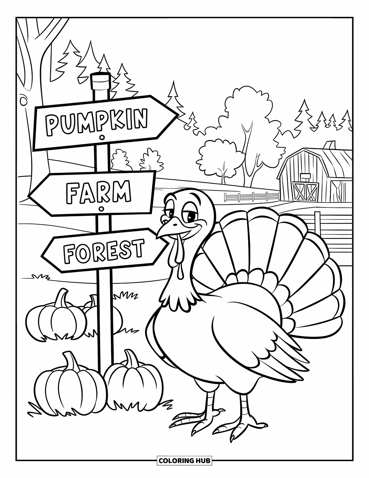 Turkey Coloring Page for Kids: A turkey poses next to a signpost surrounded by peaceful farm scenery
