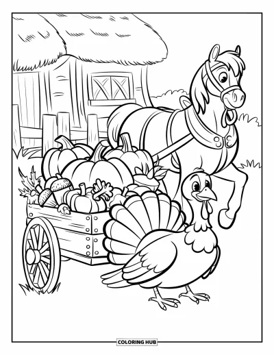 Coloriage de dindes pour enfants : Une dinde se repose près d'un chariot de bonnes choses près d'une clôture de campagne accueillante