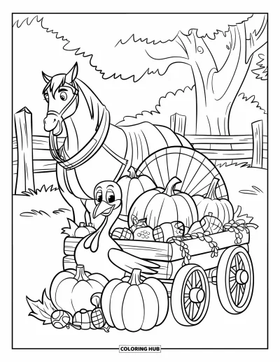 Coloriage de dindes pour enfants : Une dinde est assise près d'un chariot de récolte rempli de citrouilles et de glands