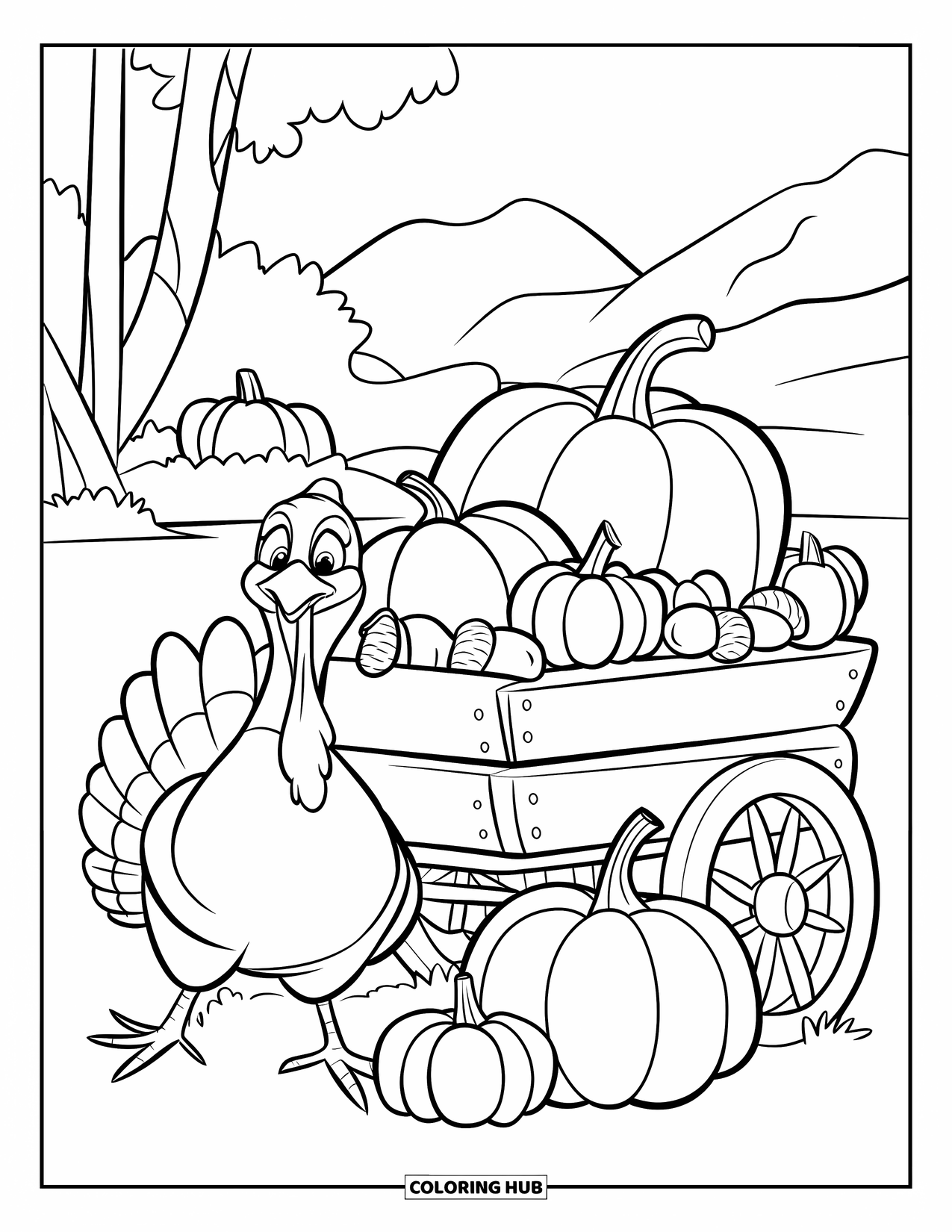 Turkey Coloring Page for Kids: A turkey sits beside a wagon of pumpkins in a peaceful autumn landscape