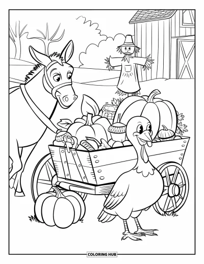 Coloriage de dindes pour enfants : Une dinde est assise près d'un chariot de gourmandises de récolte, avec une grange et un épouvantail à côté