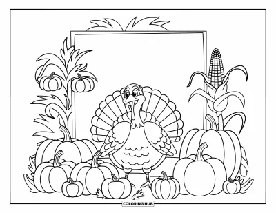 Coloriage de dindes pour enfants : Une dinde est assise joyeusement parmi des citrouilles, des pommes et du maïs dans une scène de récolte
