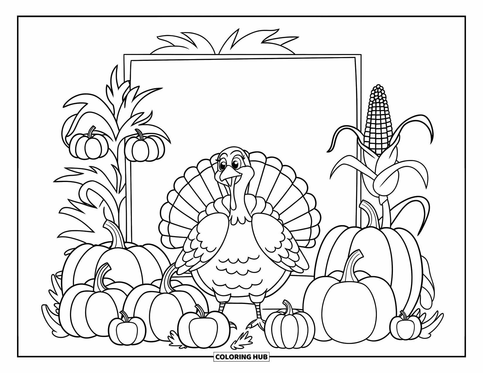 Turkey Coloring Page for Kids: A turkey sits happily among pumpkins, apples, and corn in a harvest scene
