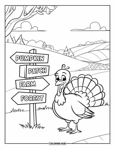 Coloriage de dindes pour enfants : Une dinde se tient près d'un panneau indiquant la ferme, la forêt et le champ de citrouilles
