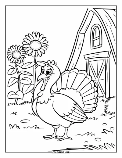 Coloriage de dindes pour enfants : Une dinde se tient près d'une grange chaleureuse avec de grands tournesols et un sol herbeux