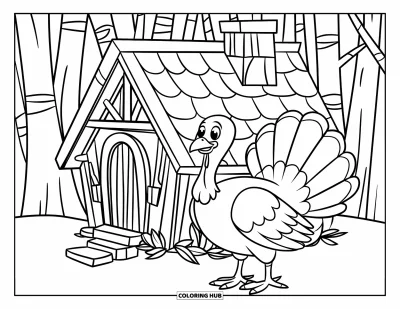 Coloriage de dindes pour enfants : Une dinde se tient devant une petite maison de brindilles et de feuilles avec une cheminée